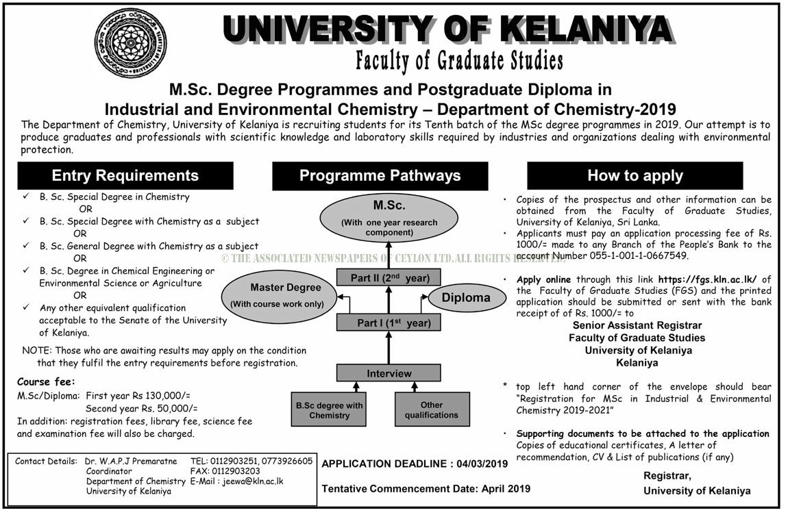 M.Sc. Degree Programmes and Postgraduate Diploma in Industrial and Environmental Chemistry - University of Kelaniya